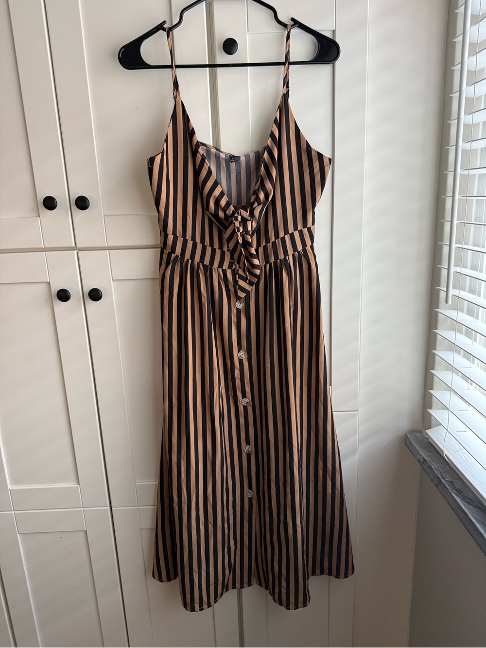 SHEIN Black and Tan Striped Tie-Front Midi Dress